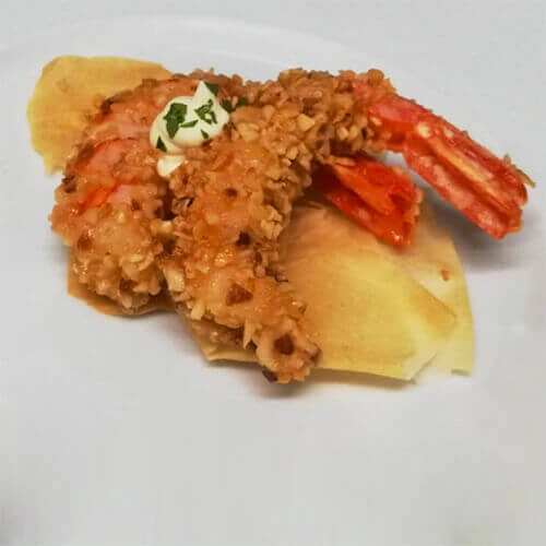 Gamberi in crosta di nocciole del Piemonte su croccante pasta fillo - Chef Salvatore Barbieri - Hotel Villa Igea | Alassio (SV)
